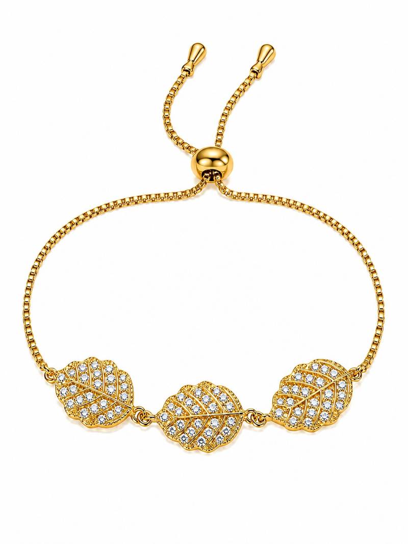 18k gold plated cz leaf charm adjustable bracelet