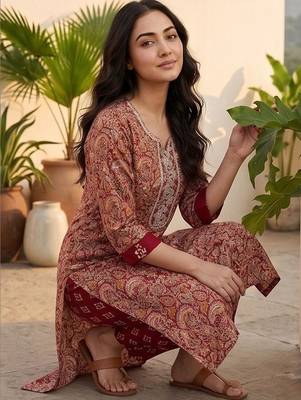 Women Ethnic Motifs Printed Regular Thread Work Kurta with Trousers & With Dupatta 1
