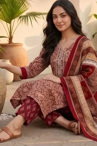 Women Ethnic Motifs Printed Regular Thread Work Kurta with Trousers & With Dupatta