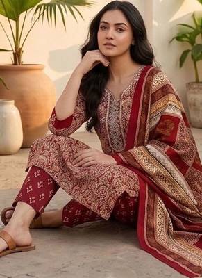 Women Ethnic Motifs Printed Regular Thread Work Kurta with Trousers & With Dupatta 4