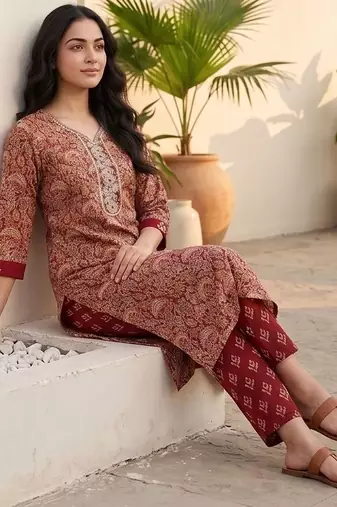 Women Ethnic Motifs Printed Regular Thread Work Kurta with Trousers & With Dupatta