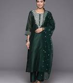 Floral Embroidered Regular Chanderi Silk Zari Republic Day Kurta with Trousers & Dupatta