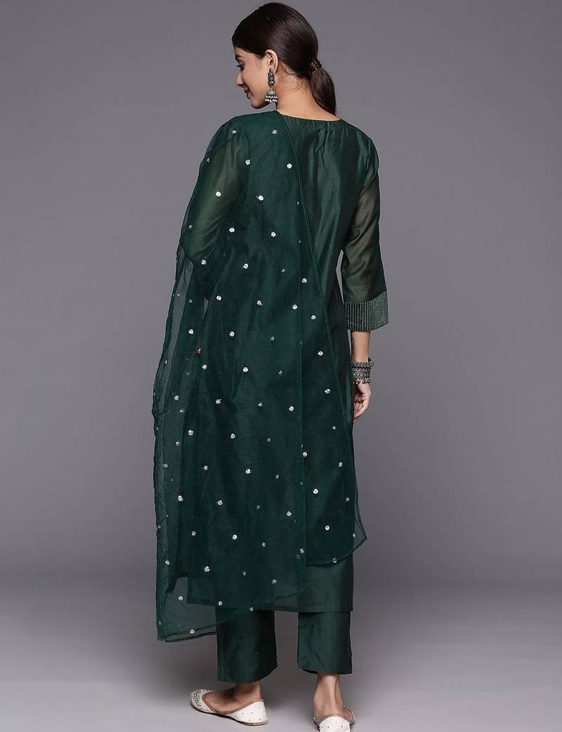 Floral Embroidered Regular Chanderi Silk Zari Republic Day Kurta with Trousers & Dupatta