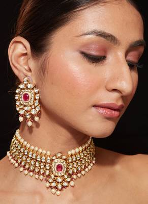 Gold plated ruby red stone choker set 1