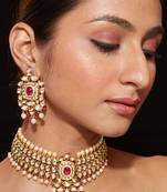Gold plated ruby red stone choker set