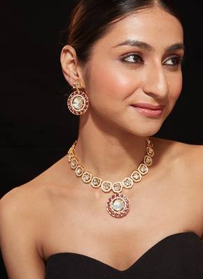 Gold plated ruby red stone necklace set 1