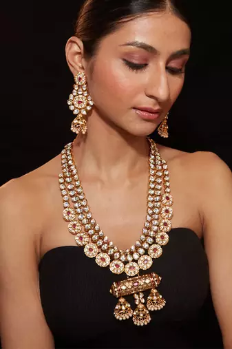 Gold plated ruby red stone necklace set