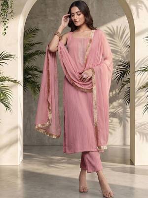 Women Ethnic Motifs Embroidered Regular Thread Work Silk Crepe Kurta with Trousers & With Dupatta 1