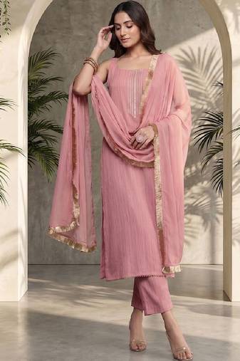 Women Ethnic Motifs Embroidered Regular Thread Work Silk Crepe Kurta with Trousers & With Dupatta
