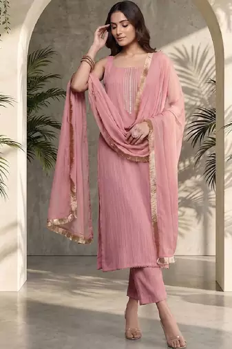 Women Ethnic Motifs Embroidered Regular Thread Work Silk Crepe Kurta with Trousers & With Dupatta