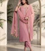 Women Ethnic Motifs Embroidered Regular Thread Work Silk Crepe Kurta with Trousers & With Dupatta