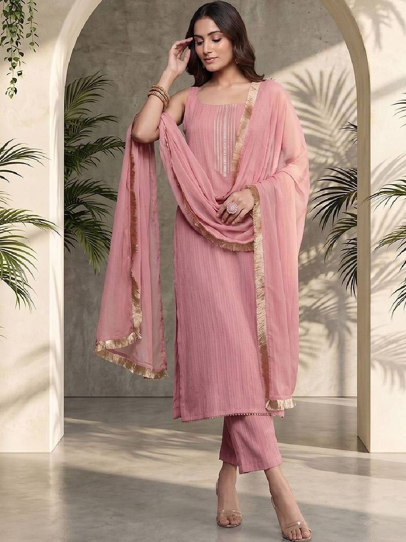 Women Ethnic Motifs Embroidered Regular Thread Work Silk Crepe Kurta with Trousers & With Dupatta