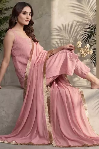 Women Ethnic Motifs Embroidered Regular Thread Work Silk Crepe Kurta with Trousers & With Dupatta