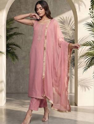 Women Ethnic Motifs Embroidered Regular Thread Work Silk Crepe Kurta with Trousers & With Dupatta 4