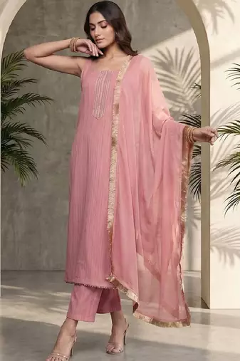 Women Ethnic Motifs Embroidered Regular Thread Work Silk Crepe Kurta with Trousers & With Dupatta