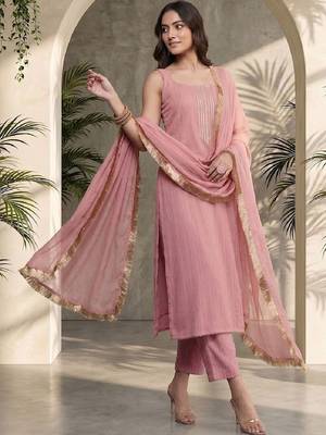 Women Ethnic Motifs Embroidered Regular Thread Work Silk Crepe Kurta with Trousers & With Dupatta 5