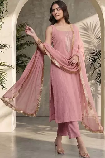 Women Ethnic Motifs Embroidered Regular Thread Work Silk Crepe Kurta with Trousers & With Dupatta