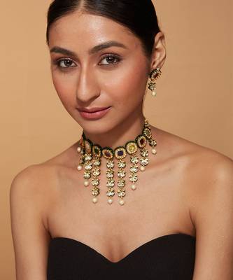 Gold plated green stones choker set 1