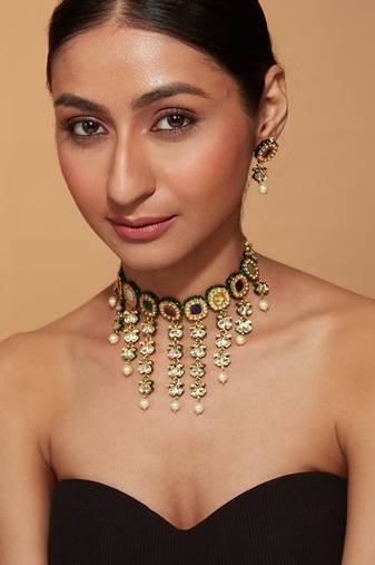 Gold plated green stones choker set