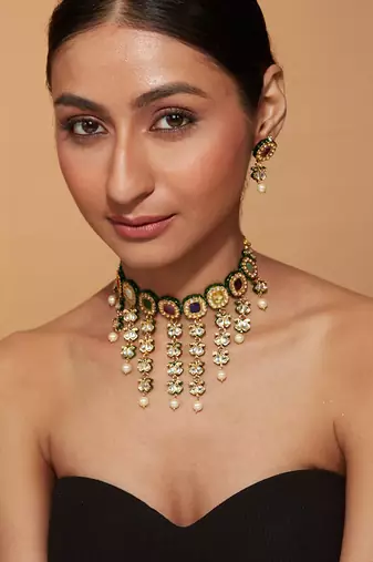Gold plated green stones choker set