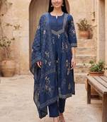 Women Ethnic Motifs Printed Tiered Beads and Stones  Cotton Kurta with Trousers & With Dupatta