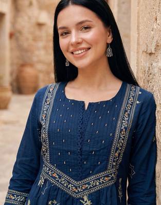 Women Ethnic Motifs Printed Tiered Beads and Stones  Cotton Kurta with Trousers & With Dupatta 2