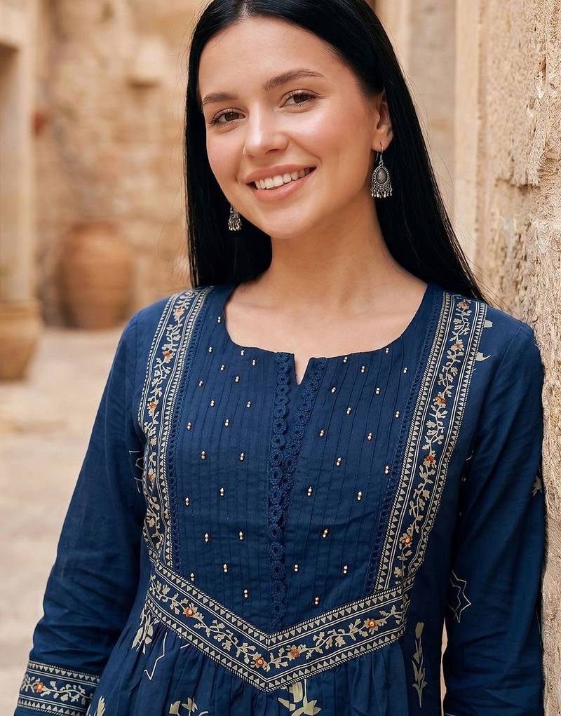 Women Ethnic Motifs Printed Tiered Beads and Stones  Cotton Kurta with Trousers & With Dupatta