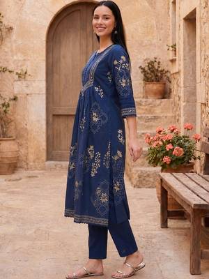 Women Ethnic Motifs Printed Tiered Beads and Stones  Cotton Kurta with Trousers & With Dupatta 5