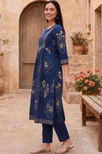 Women Ethnic Motifs Printed Tiered Beads and Stones Pure Cotton Kurta with Trousers & With Dupatta