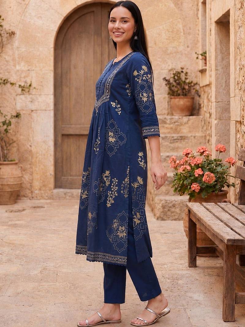 Women Ethnic Motifs Printed Tiered Beads and Stones  Cotton Kurta with Trousers & With Dupatta