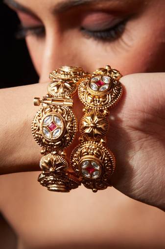 Gold plated ruby red stone bangles
