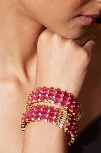 Gold plated ruby pink stones bangles