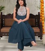 Women Ethnic Motifs Embroidered Panelled Thread Work Silk Georgette Kurta with Palazzos