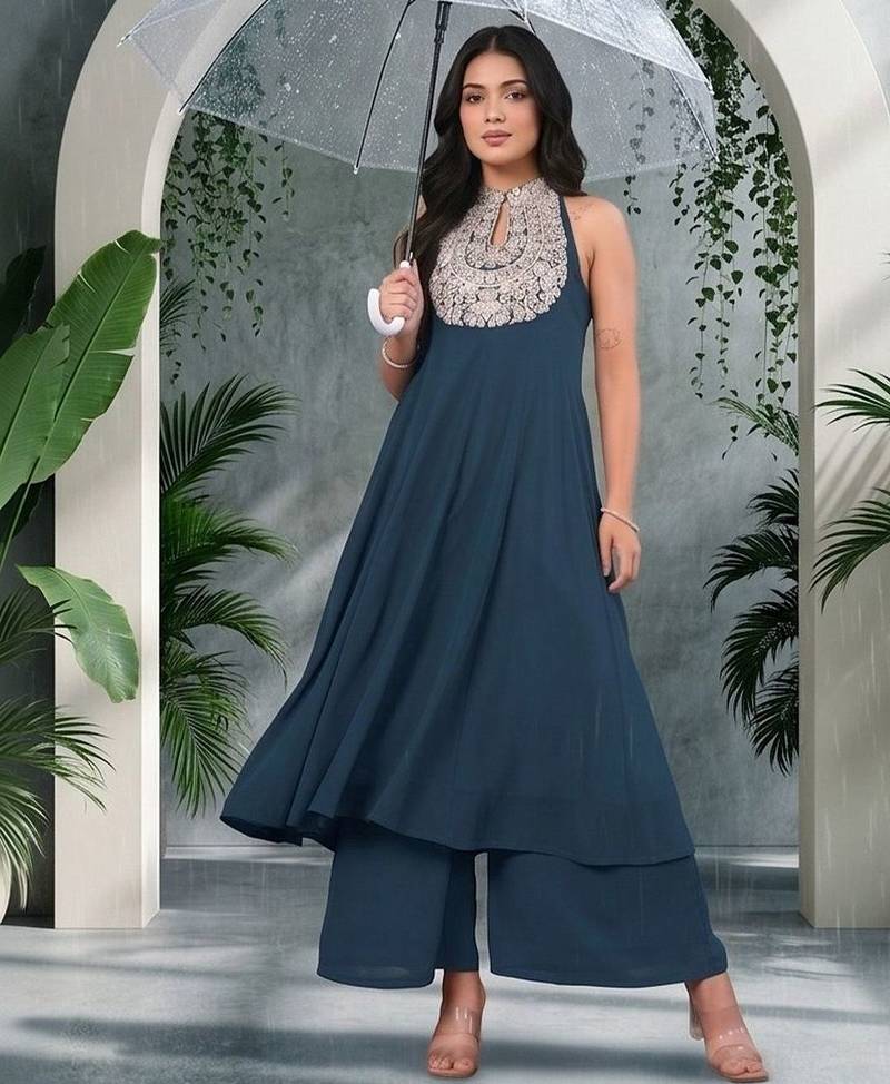 Women Ethnic Motifs Embroidered Panelled Thread Work Silk Georgette Kurta with Palazzos