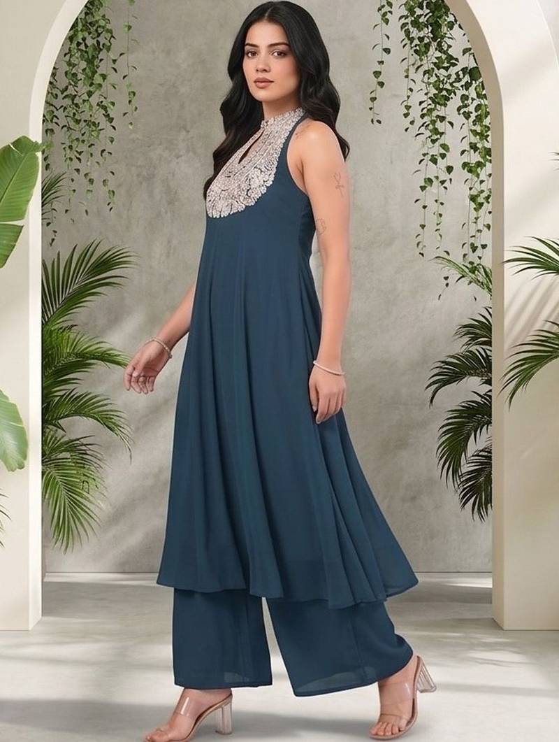 Women Ethnic Motifs Embroidered Panelled Thread Work Silk Georgette Kurta with Palazzos