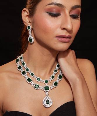 Silver plated green stones layered necklace set 1