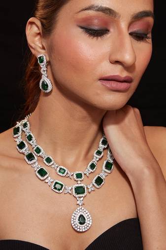 Silver plated green stones layered necklace set