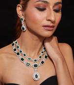 Silver plated green stones layered necklace set