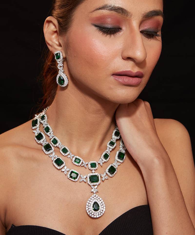Silver plated green stones layered necklace set