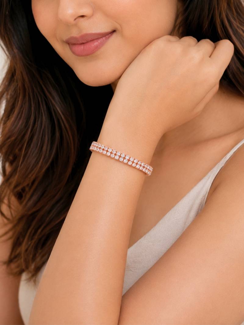 18k rose gold plated double row cz tennis bracelet