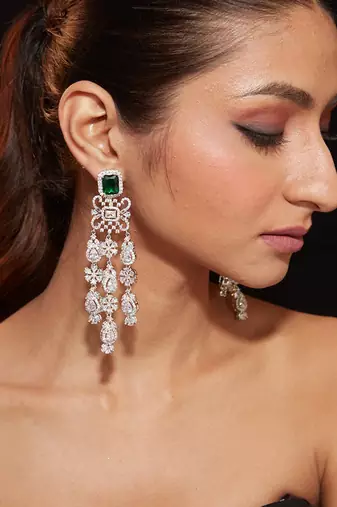 Silver plated green stones dangler earrings
