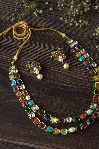 Gold plated multicolor stones necklace set