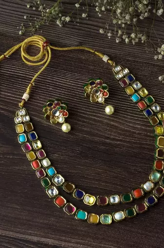 Gold plated multicolor stones necklace set