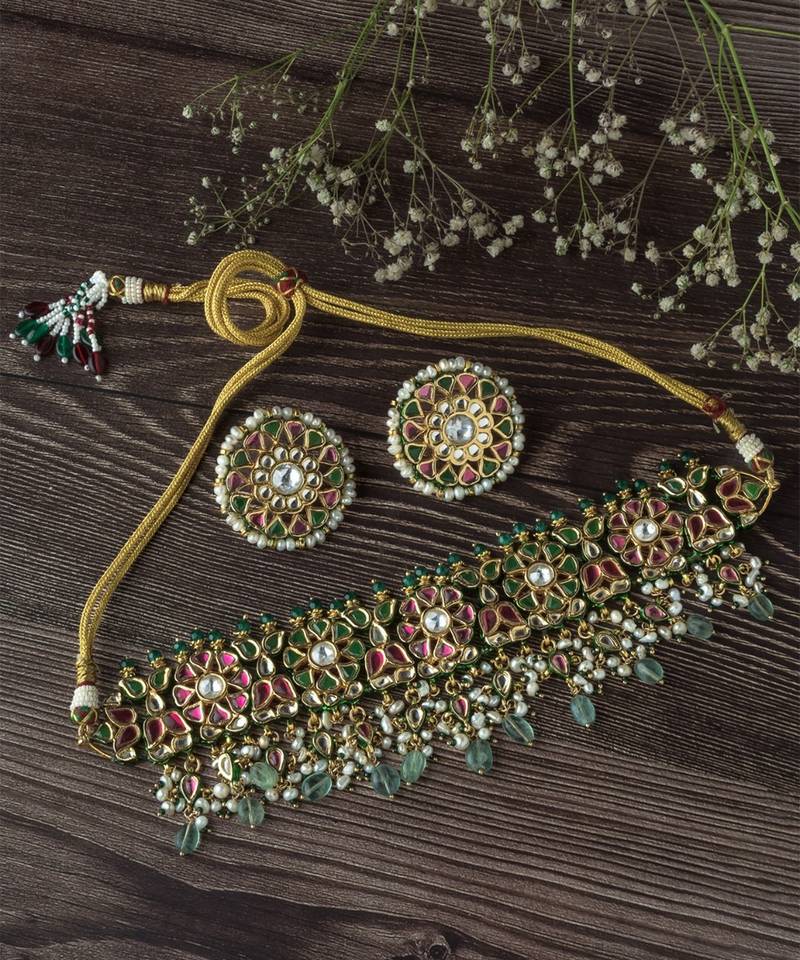 Gold plated multicolor stones choker set
