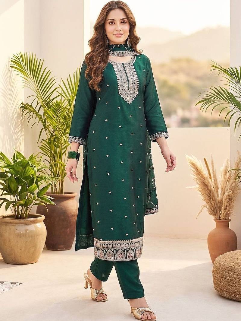 Women Ethnic Motifs Embroidered Regular Thread Work Kurta with Trousers & With Dupatta
