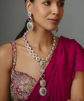 Silver plated multicolor long necklace set 1
