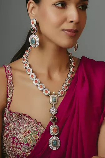 Silver plated multicolor long necklace set