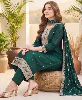 Women Ethnic Motifs Embroidered Regular Thread Work Kurta with Trousers & With Dupatta 6