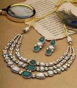 Silver plated emerald green stones kundan necklace set