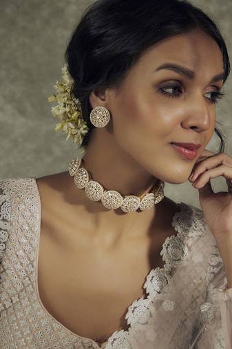 Gold plated white kundan choker set